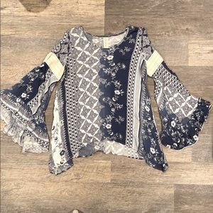 Bohemian Bell Sleeve Blue Patterned Top
